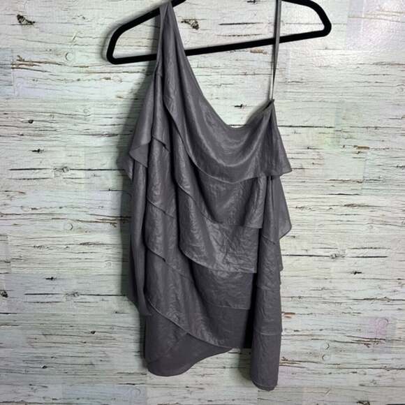 BCBGMaxAzria Dresses & Skirts - Bcbgmaxazria silver gray tiered ruffle one shoulder dress agate size small